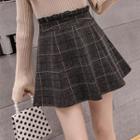 High-waist Frilled Plaid Woolen Skirt