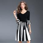 Elbow-sleeve Striped Bow-accent Dress