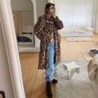 Collared Leopard Faux-fur Long Coat Brown - One Size