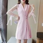 3/4-sleeve Shawl Lapel Mini A-line Chiffon Dress