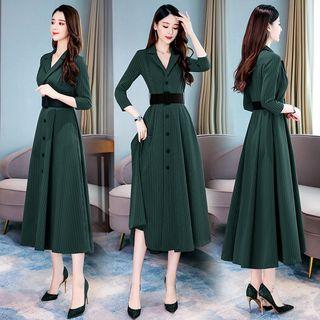 3/4-sleeve Striped Buttoned A-line Midi Dress