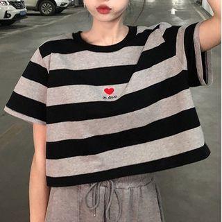 Short-sleeve Striped Heart Print T-shirt Stripe - Black & Gray - One Size