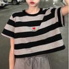 Short-sleeve Striped Heart Print T-shirt Stripe - Black & Gray - One Size