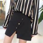 Set : Pinstripe V-neck Long-sleeve Blouse + Mini Skirt