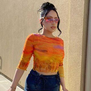 3/4 Sleeve Pattern Print Ruffled Mesh Cropped Top
