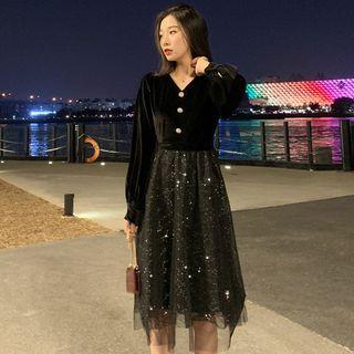 V-neck Balloon-sleeve Glitter A-line Mesh Dress