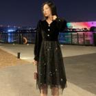 V-neck Balloon-sleeve Glitter A-line Mesh Dress