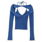 Set: Halter-neck Knit Camisole Top + Off-shoulder Crop Knit Top Blue - One Size
