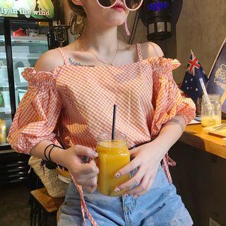 Gingham Off-shoulder Elbow-sleeve Blouse