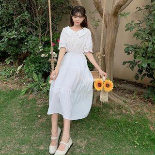 Tie-neck Tiered Midi A-line Dress