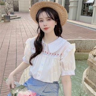 Short-sleeve Floral Embroidered Blouse Blouse - White - One Size