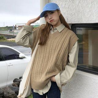 V-neck Knit Vest Khaki - One Size