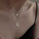 Rhinestone Crescent Star Layered Necklace Silver - One Size