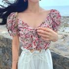 Floral Short-sleeve Cropped Blouse / Plain High-waist Pants