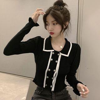 Knitted Cropped Polo Collar Cardigan