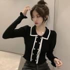 Knitted Cropped Polo Collar Cardigan