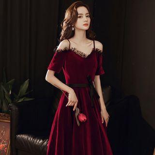 Short-sleeve Off-shoulder Velvet A-line Evening Gown
