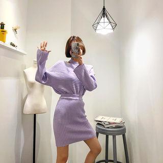 Set: Dolman-sleeve Rib-knit Top + Miniskirt