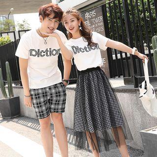 Women Set: Lettering T-shirt + Mesh Overlay A-line Plaid Skirt / Men T-shirt / Plaid Shorts