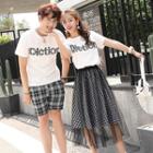Women Set: Lettering T-shirt + Mesh Overlay A-line Plaid Skirt / Men T-shirt / Plaid Shorts