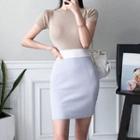 Short-sleeve Color Block Knit Sheath Dress Khaki - One Size