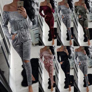 Off-shoulder Drawstring Velvet Jumpsuit