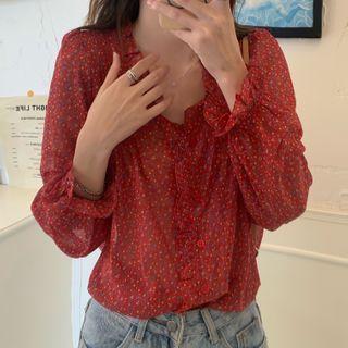 Long-sleeve Floral Print Chiffon Blouse Red - One Size