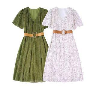 Set: Short-sleeve Dotted A-line Dress + Belt
