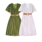 Set: Short-sleeve Dotted A-line Dress + Belt