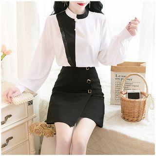 Set: Ruffled Balloon-sleeve Two-tone Shirt + A-line Wrap Skirt