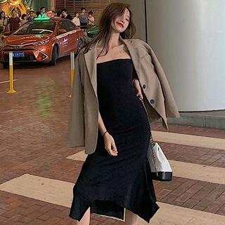 Single-breasted Blazer / Strapless Midi Sheath Dress