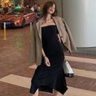 Single-breasted Blazer / Strapless Midi Sheath Dress