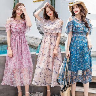 Cold Shoulder Floral Midi Chiffon Dress