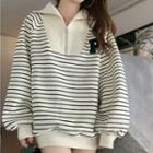 Oversized Lapel Striped Long-sleeve Sweatshirt Beige - One Size