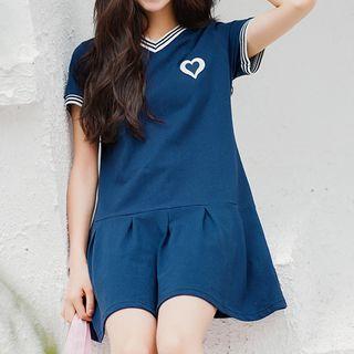 Heart Embroidered Short Sleeve V-neck Dress