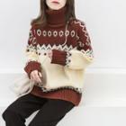 Turtleneck Patterned Sweater Brown & White - One Size