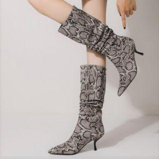 Pointed Snake Print High Heel Mid-calf Boots