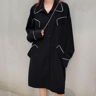 Long-sleeve Contrast-trim Shirtdress Black - One Size