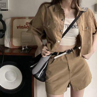 Short-sleeve Crop Shirt / Lettering Camisole Top / High Waist Shorts