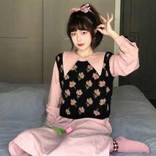 Long-sleeve Collared Shirt Loose Fit Dress / Jacquard Vest