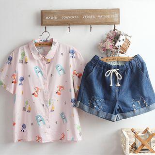 Short-sleeve Cartoon Patterned Shirt / Wide-leg Denim Shorts / Set