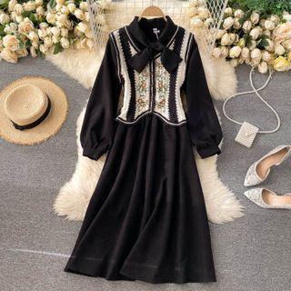 Set : Round-neck Bow Puff-sleeve Dress + Ethnic Tank Top Vest Cardigan