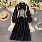 Set : Round-neck Bow Puff-sleeve Dress + Ethnic Tank Top Vest Cardigan