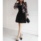Ruffle-collar Beribboned Floral Dress Black - One Size