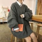Plain V-neck Cable-knit Loose-fit Sweater