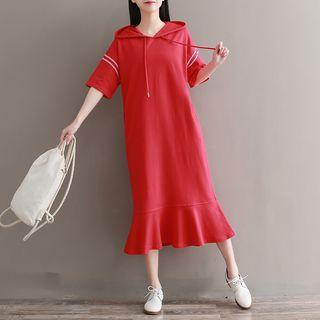 Contrast Trim Elbow Sleeve Hoodie Dress