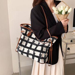 Plaid Drawstring Tote Bag Black & White - One Size