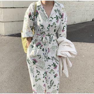 Elbow-sleeve Floral Print Tie-waist Midi Shirtdress Floral - White - One Size
