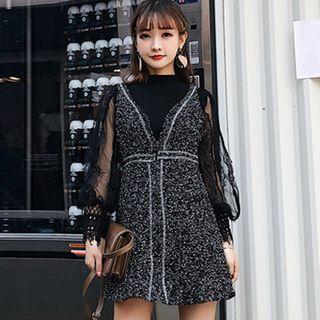Set: Mock-neck Lace Panel Long-sleeve Top + V-neck Pinafore Dress