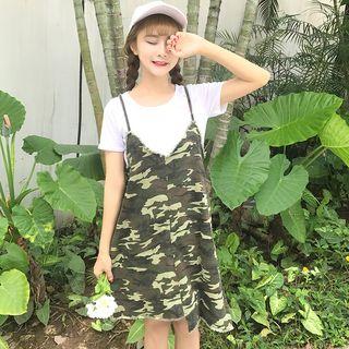 Set: Short Sleeve T-shirt + Camo Spaghetti Strap Dress